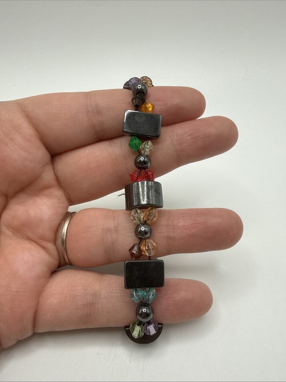 Vintage 90s Magnetite Bracelet Silver Toned Accents & Clear Beads Stretchy Color